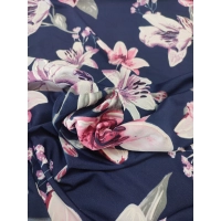 Granatowa elastyczna dzianina Jersey - białe i różowe lilie